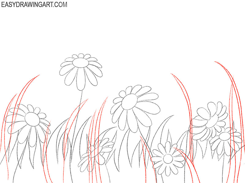 how to draw a field of flowers step by step