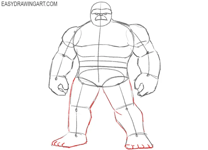 Draw the Thing’s legs and feet in detail